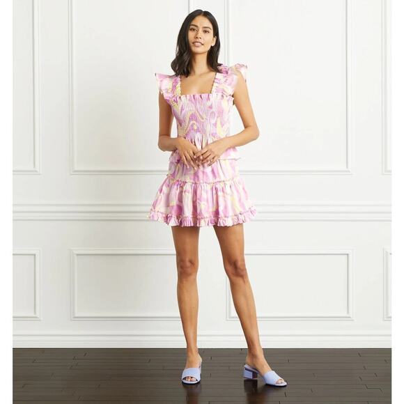 Hill House The Paz Skirt Linen Tiered Ruffle Mini Candy Kaleidoscope NWT Medium - Picture 2 of 9